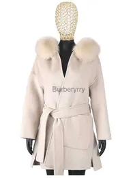 Women's Fur Faux Fur FURYOUME New Cashmere Wool Coat Real Fox Fur Collar Jacket Winter Long Fashion Loose Outerwear Wool Casaco For Women With BeltL231007