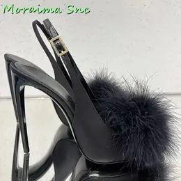 Slippers Fur Feather Square Toe Sandals Satin Stiletto High Heel Back Strap Buckle Black Solid Women Shoes Summer 2023 Fashion est 231007