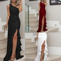 Nowe letnie kobiety ubierają się na jedno ramię Ruched Ruffle Formal Evening Party Dress Slim Maxi Długie sukienki Vestidos339g