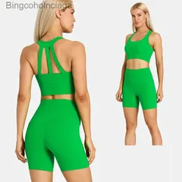 Active Sets ABS LOLI Stretchy Spandex Gym Sets Womens Sports Outfits 2 Piece Strappy Crop Tank Top High Waist Shorts Workout Yoga ClothesL231007