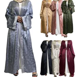 Etniska kläder satin tryck öppen abaya eid mubarak kvinnor muslimska maxi klänning kalkon ramadan cardigan kimono dubai kaftan islam arabiska mantel