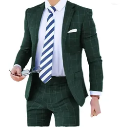 メンズスーツ最新のデザイングリーン格子縞のメンウェディングファッションチェックスーツ2ピースビンテージプロムバンケットタキシード（ブレザーパンツ）