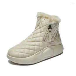 Boots 2023 Winter Shoes Women Snow Flat Platform Warm Plush Ladies Ongle Botas Beige Beige ارتفاع 3.5 سم D049