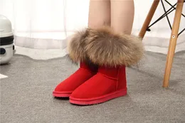 Botas de piel natural nieve mujeres zapatos de mapache medio genuino gamuza cuero corto plano femenino cálido