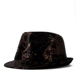 Berets Men Fedora Hat For Dad Snake Skin Leather Jazz Boater Flat Top Gentleman Bowler Porkpie Size 58CM