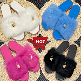 Luxurys Wool Lock Slides Sandals Women Shoes Flats Slippers Black Blue Fuchsia White Brown Pink Winter Slide Slide Fashion Designer Flat Sandal Eur 35-40