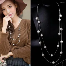 Naszyjniki wiszące długie podwójne warstwy symulowane perły gołębi mody biżuterii łańcuch sweter warstwowy naszyjnik dla kobiet