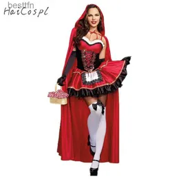 Kostium motywu Little Red Riding Hood Przyjdź do kobiet fantazyjna dorosła Halloweenowa cosplay Fantasia Carnival Faile Tale Plus Size Girl Dress+Cloakl231007