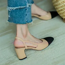 Klänningskor Luxur Designer Fashion Chunky Heel Slingbacks Sandaler för kvinnor Ballett Flat Boat Shoe Aprikos Sole French Low Flat äkta läder