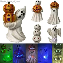 Party Masks Halloween Ghost Pumpkin Figurines Rustic Light Up Resin Ghost Halloween Statue Pumpkin Figurines Desktop Ornament Craft Statues Q231007