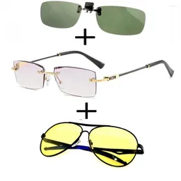 Solglasögon 3st !!! Rimless Frameless Luxury Läsglasögon för män Kvinnlig legering Polariserad pilotnattklipp