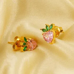 Stud Earrings INS Summer 18K Gold Color Stainless Steel Pink Cubic Zirconia Fruit Waterproof Cute Post Earring Jewelry Gift