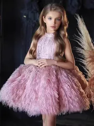 New Pink Luxurious Flower Girl Dresses Feather Beaded Crystals Sheer Neck Tulle Lilttle Kids Pageant Weddding Gowns Ball Gown Birthday Party Dress 403
