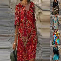 Plus storlek klänningar mode blommig tryck afrikansk klänning kvinnor sommar v-ringning halv ärm kvinnlig litera vintage lös vestidos215o