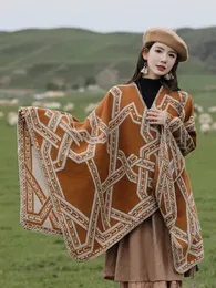 Halsdukar poncho kvinnor etnisk stil vindtät geometrisk mönster cape höst och vinter split sjal pashimina fördubblar halsduk 231007
