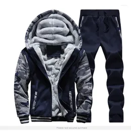 Tracksuits masculinos 2023 inverno tracksuit casual lã interna grossa duas peças conjunto jaqueta com capuz e calça à prova de vento quente outwear roupas masculinas