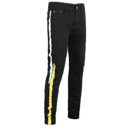 Erkek Sıska Tasarımcı Jean Black Side Stripe Biker Jeans İnce Elastik Hip Hop Pantolon 205u