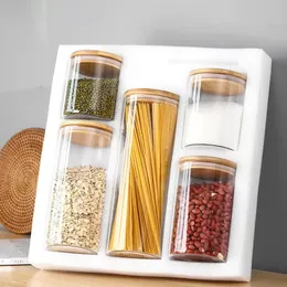 1set 5pcs, Food Storage Glass Jar, Spaghetti Canister with Bamboo Lid, Seasoning Sealed Container, Sealed Coffee Bean Can,Kitchen Eco-friendly Snack Grain Storage Jar