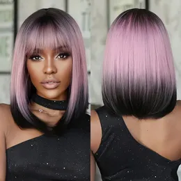 Synthetic Wigs Purple Pink Ombre Black Short Straight with Bangs Bob Wig for Women Daily Cosplay Party Heat Resistant Fake Hairs 231006