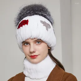 Berets JKP Fur Hat خطوط Cap حقيقية مع كرة فضية رقيقة ونساء مريلة نمط الشتاء الروسي