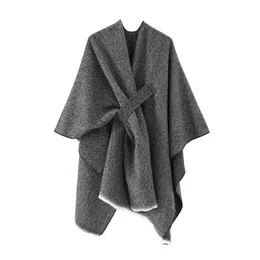 Lenços Mulheres Cashmere Sentiu Casaco de Xale Inverno com Correias Primavera e Outono Vintage Cardigan Clássico Simples Manto Macio Grande Cobertor 231007