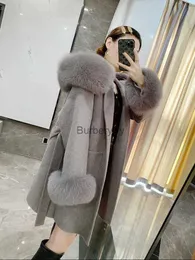 Женское пальто из искусственного меха 2023, зимняя куртка из натурального меха лисы, манжеты с воротником из 100% натурального лисьего меха, кашемировая шерстяная смесь, верхняя одежда больших размеров NewL231007