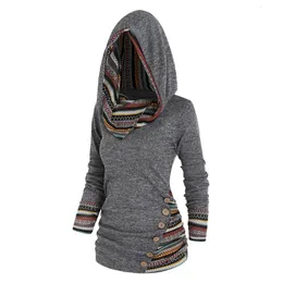 Moletom com capuz feminino moletom tribal painel de listra geométrica com capuz top de malha manga comprida botão simulado de malha feminina casual top étnico com capuz 231007