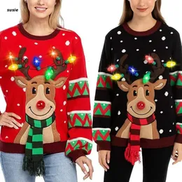 Kvinnors tröjor Kvinnor Led Light Up Holiday Sweater Christmas Cartoon Reindeer Knit Pullover Top 231007