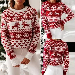 여자 스웨터 스웨터 여자 크리스마스 사슴 니트 긴 소매 둥근 목 숙녀 점퍼 패션 캐주얼 겨울 가을 풀오버 빨류 크기 231007