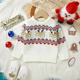 Cardigan Baby Boys Girls Sweaters White Christmas Reindeer Knit Född spädbarn Rund Nacke Långärmad stickkläder Småbarn Barn kostymer 231007