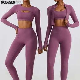 Active Sets NCLAGEN Autumn And Winter Tight Yoga Suit Sports Set Slimming Fitness Three Piece Set Bra Coat Pants Dry Fit Gym Running ClothesL231007