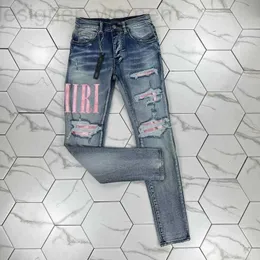 Męski projektant dżinsów HM620 Slim dżinsy Zakażone białe skórzane spodnie z otworami litery Torn Dattered Kolan Raped Chuda prosta noga Rozmiar 28-40long 2023