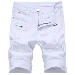 Summer Mens Denim Shorts Slim Casual Knee Length Short Hole Jeans Shorts for Men Straight Bermuda Masculina White Black Red2513