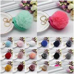 Nyckelringar PU Round Mirror Keyring Fashion Double-Sided Folding Keychain Faux Fur Puff Ball Holder Pom Drop Delivery Jewely Ott3w