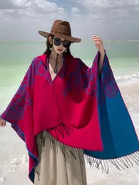 Шарфы-пончо женские дорожные ветрозащитные накидки с бахромой в этническом стиле пашимина большая красная шаль с капюшоном с разрезом пара женская 231007