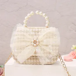 Torebki torebki Crossbody Toddler Bag Ręce Kids Tote Girls Linen Cute Princess Torby torebki imprezowe i Pearl Bowknot Gift Mini 231006