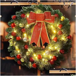 Decorative Flowers Wreaths Christmas Wreath With Led Light Glowing Xmas 30/40Cm Pine Needle Bowknot Festive Garlands For Indoor Drop D Dhrqe