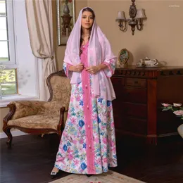 Ubranie etniczne Abaya Dubai Turcja Elegancka muzułmańska sukienka Hidżab Druk Kwiatowy druk V-Neck Party Eid Ramadan Sukienki Maroko Jalabiya vestidos