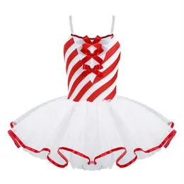 Sem mangas alças ajustáveis bowknot listrado tutu vestido crianças meninas ginástica figura patinação no gelo vestido de dança de natal traje g10224i