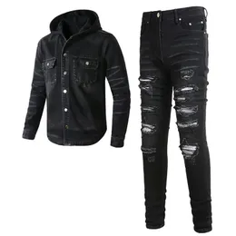 2023 Tracksuits Punk Street Men's Black 2st Jeans Set Spring Hooded Denim Jacket och Ripped Patch Stretch Pants Vintage Men278G