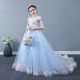Nowe 3D Floral Flower Girl Dresses Długie pociągnięcia pociągnięcia ręcznie kwiaty tutu vintage małe sukienki dla dzieci do komunii boho przyjęcie urodzinowe Specjalna suknia ocn suknia