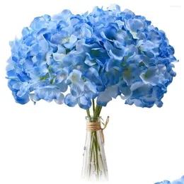 Flores decorativas Guirnaldas Luz Azul Hortensia Cabezas de seda Paquete de 20 FL Artificial con tallos para la entrega de la gota Home Garden Festive P Dhvkq