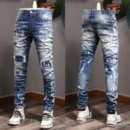 Pintado ponto detalhe jeans masculino angustiado vintage magro ajuste perna calças jeans masculino2933