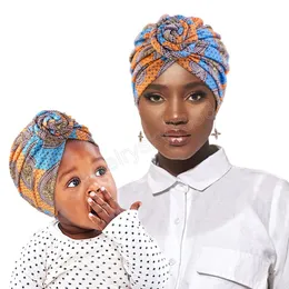 2PCS/Set Mommy and Me Muslim Turban Hat African Knot Pattern Print Fabric Bonnet Girls Newborn Turban Twist Knot Headwrap