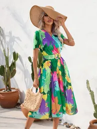 Party Dresses Summer Fashion Pleated Floral Print Dress Chiffon Vacation V Neck Sashes Ladies Beach A Line Elbise Boho Sexy Vestdios