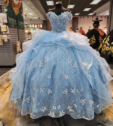 Baby Blue Ruffels 15 Dress Quinceanera 2024 Off The Shoulmer Shinning Flowers Ball Gown Quince 드레스 공주 공식 OCN 322 ES ES ES