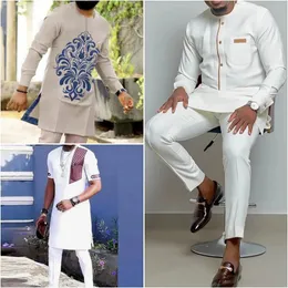 Men's Tracksuits Kaftan Summer Men's Suit Round Neck Long-sleeved Top Pants African Male Traditional Outfit National Style 2PCS Clothing Sets 231006