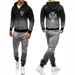 Herrspår 2023 Spring Autumn Footballer Portugal Logo Print Hip Hop Fashion Hooded Jacket Sportbyxor Gradient Färg Trendiga uppsättningar