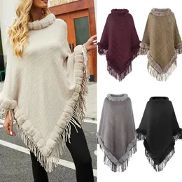 Women's Fur Faux Fur Women Coats Jackets For Winter Solid Color Faux Fur Collar Warm Knitted Capes Ponchos Tassel Autumn Outwear Knitwear 231007