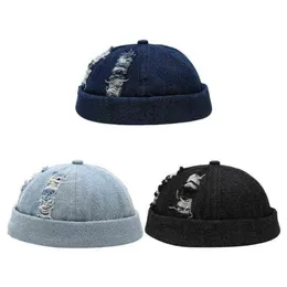 Vintage Docker Cap Ripped Brimless Cap in Denim Breathable Beanie Japanese Retro Style Adjustable O18 21 Drop Y21111313j